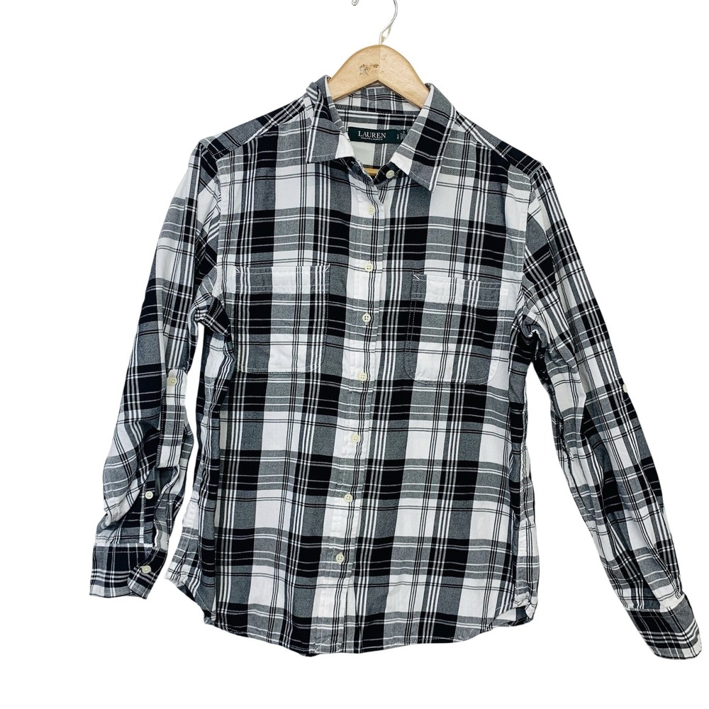Lauren Ralph Lauren Womens Large Black White Plaid Roll Tab Button Down Shirt
